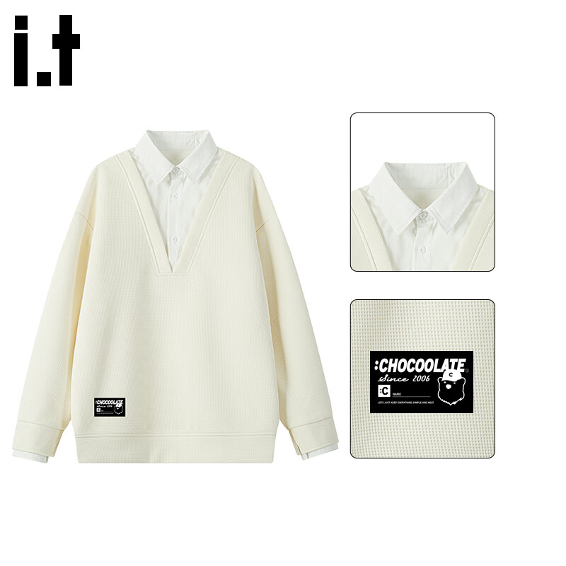 :CHOCOOLATE It Men's Faux Two-Piece Sweatshirt, Spring And Autumn Patchwork Casual Pullover Shirt with Collar Top, Apricot Color, XL