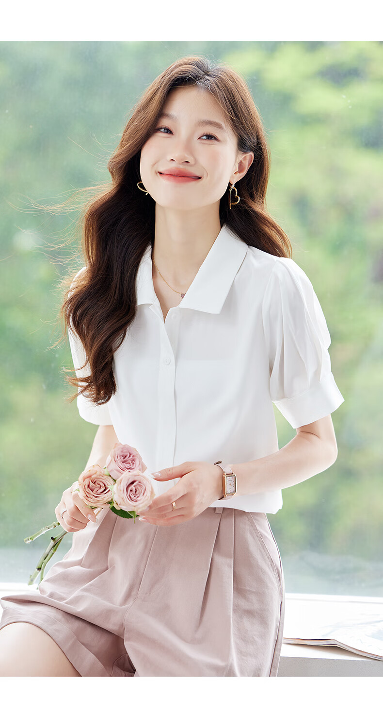 Jeanswest Women's White Short Sleeve Shirt with Lapel Collar Summer Professional Commuting Top, Size L 17