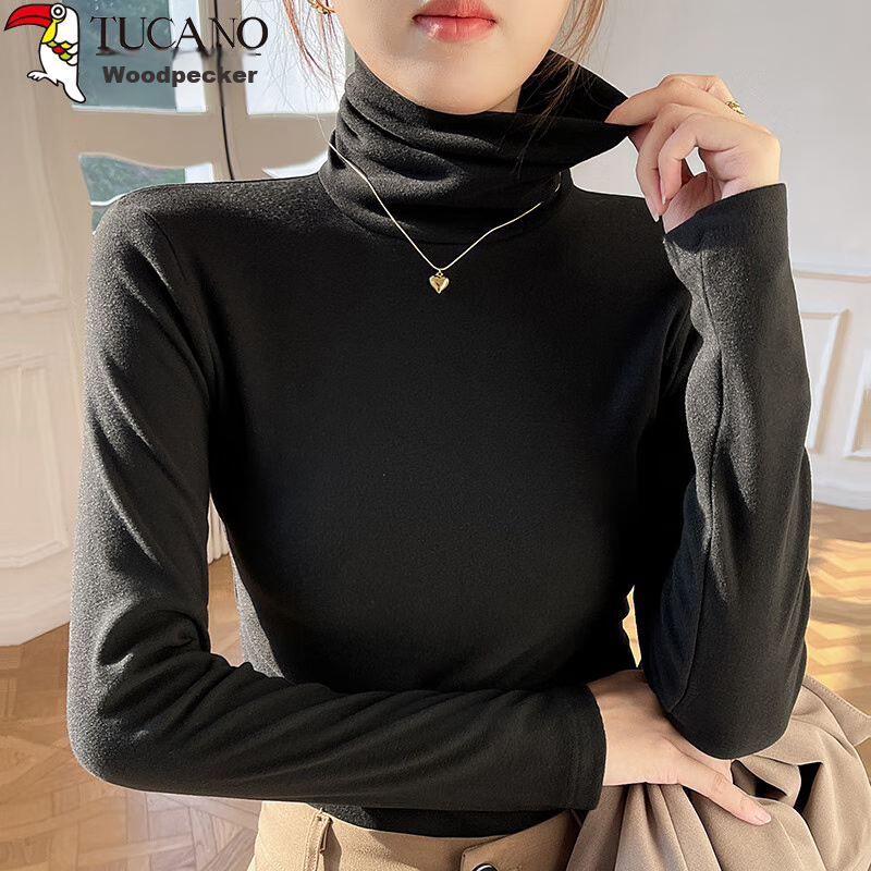 Zhuomuniao Turtleneck Slim-Fit Base Layer for Women, Autumn And Winter Versatile Slimming Inner Wear, Fitted Long-Sleeve T-Shirt Top, Black, XL