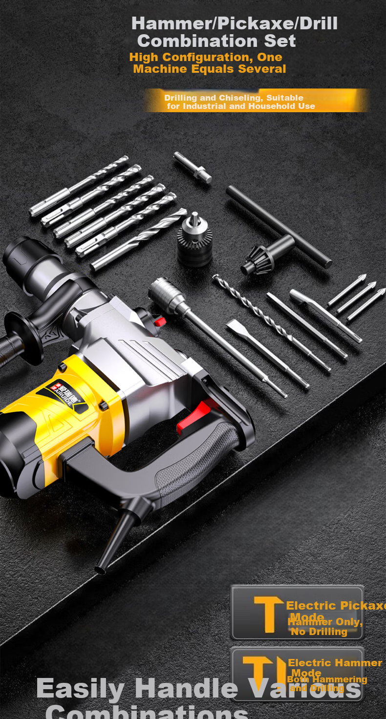 Airuide Safety Clutch Electric Hammer And Pick, Dual-Purpose Impact Drill, High-Power Electric Drill, Industrial Concrete Drilling Electric Tool 7