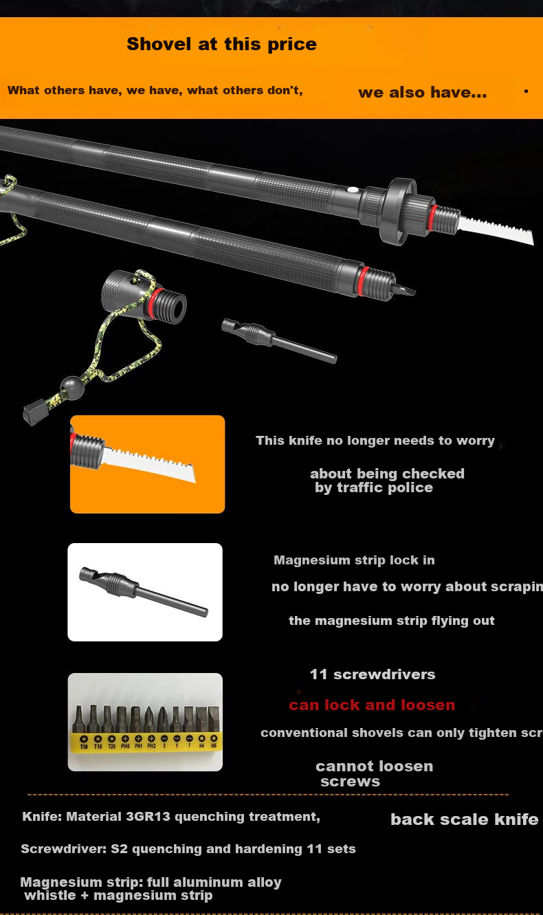 TRE-Hana HN-G22 Flagship Military Shovel with Built-In Lighting, Multifunctional Folding Shovel, Car-Mounted Iron Spade, Military Entrenching Tool 5