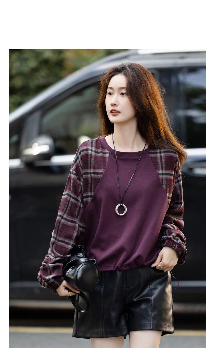 Demana [Comfort Elastic 280G Air Layer] Autumn Korean Style Vintage Plaid Patchwork Elastic Hem Sweatshirt for Women 2