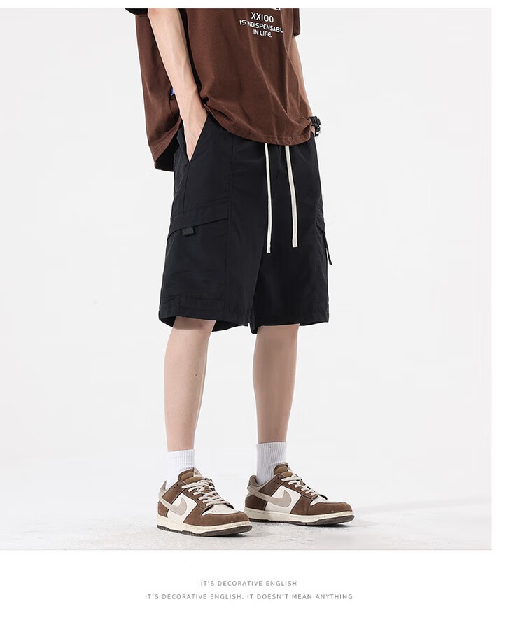 CLOR Men's Cargo Shorts, Summer Ice Silk Thin American-Style Loose-Fit Sports Five-Point Pants, Straight-Leg Pants MYY01 Black L 2