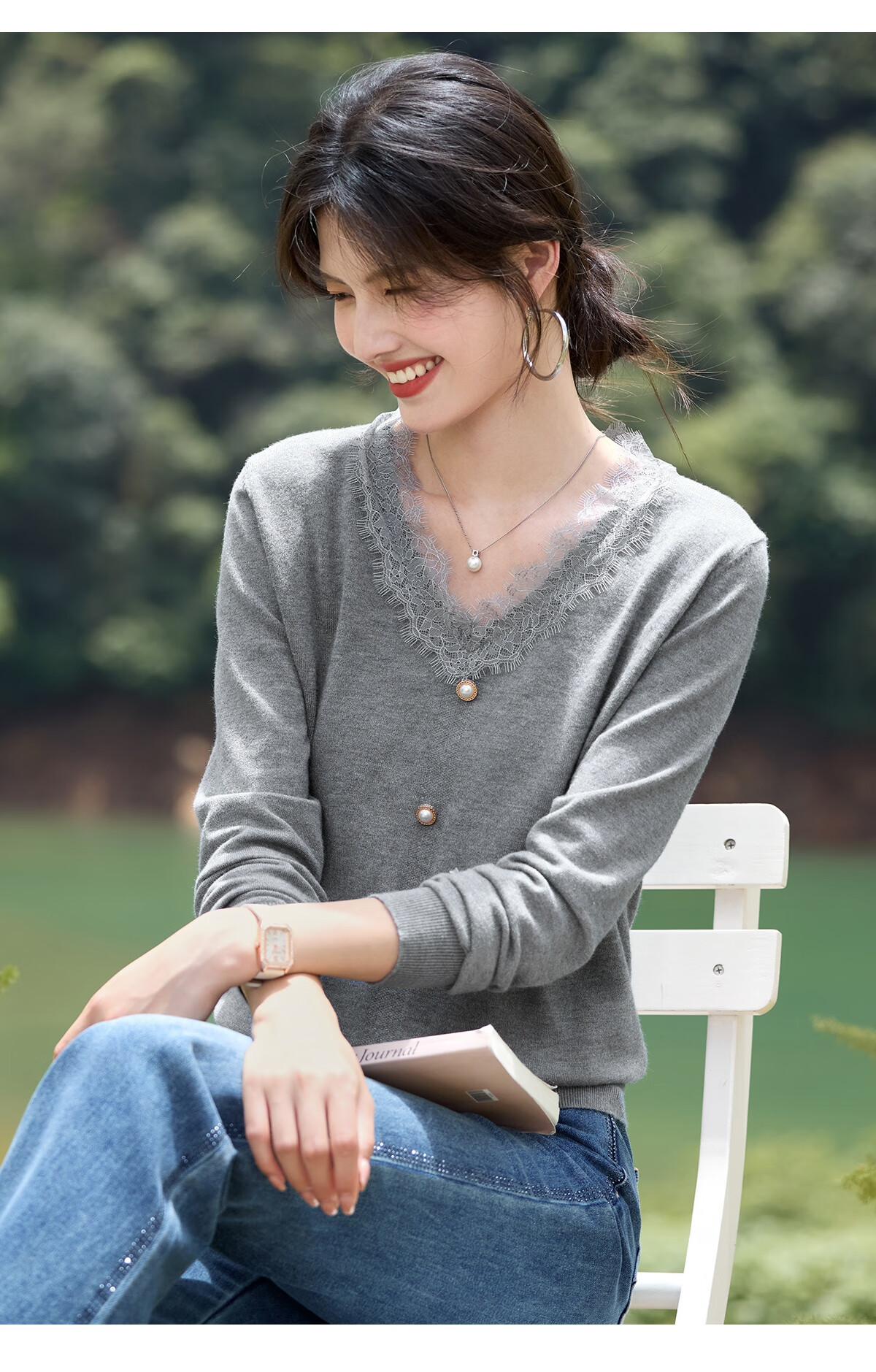 She Enjoy Women's Knitwear Lace Splice V-Neck Knit Base Shirt Fashion Versatile Soft Sweater Top T53Z045 14