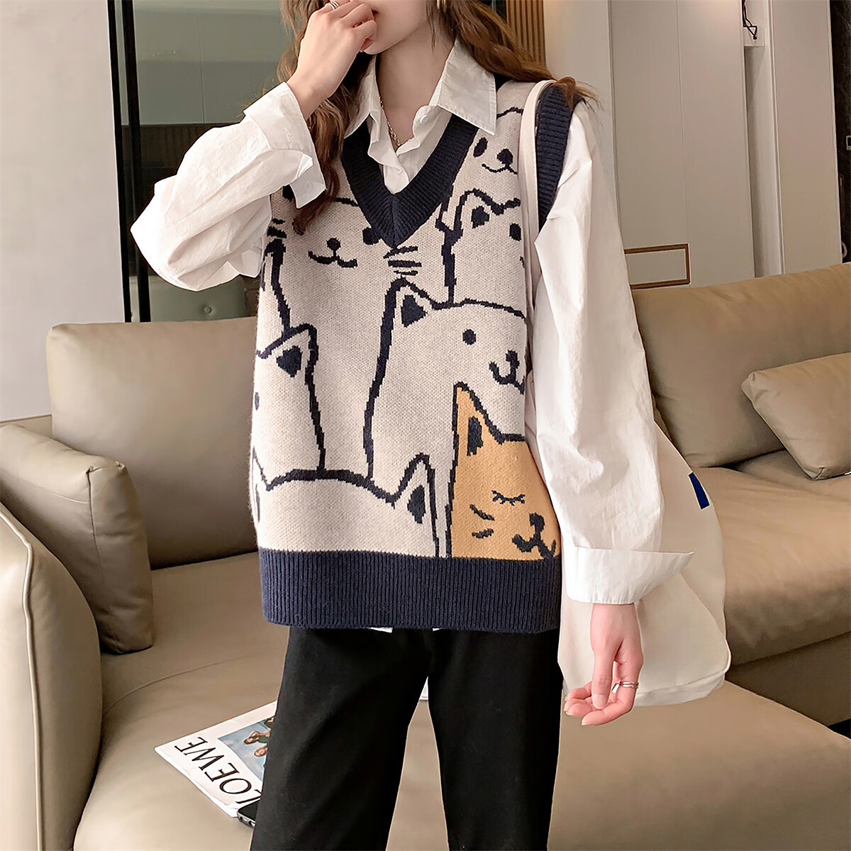TonLion 2025 Autumn Winter Many Cats V-Neck Women's Pullover Vest