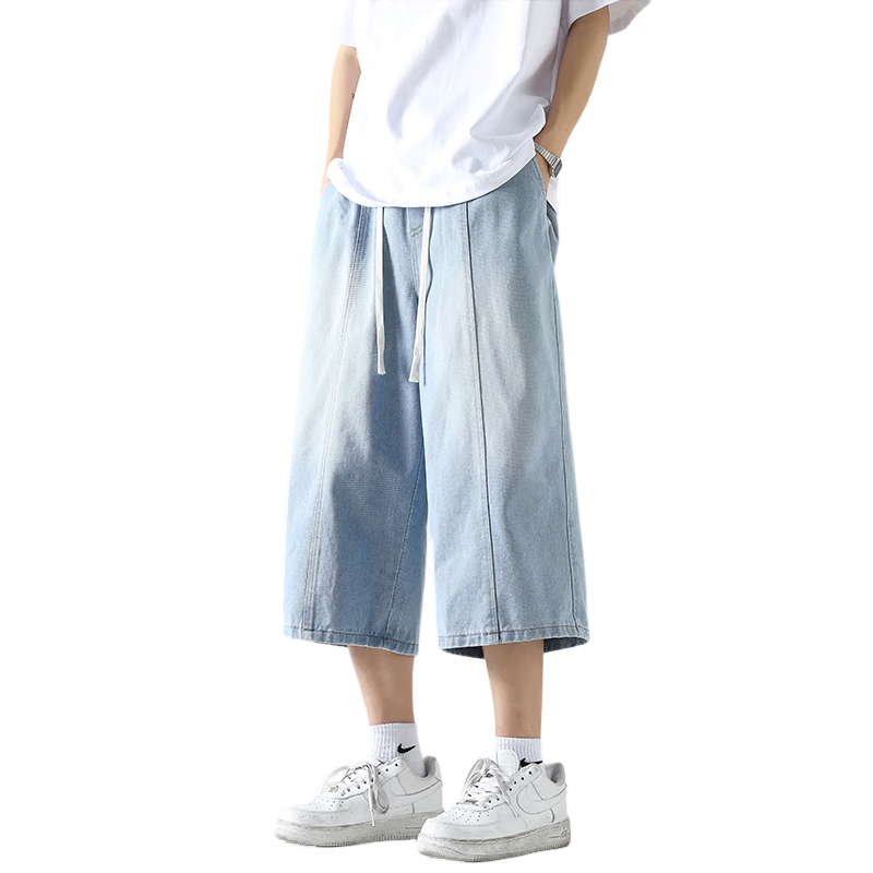 Wassup Sohot Men's Vintage Blue Washed Denim Wide-Leg Cropped Jeans Summer Trendy Shorts L