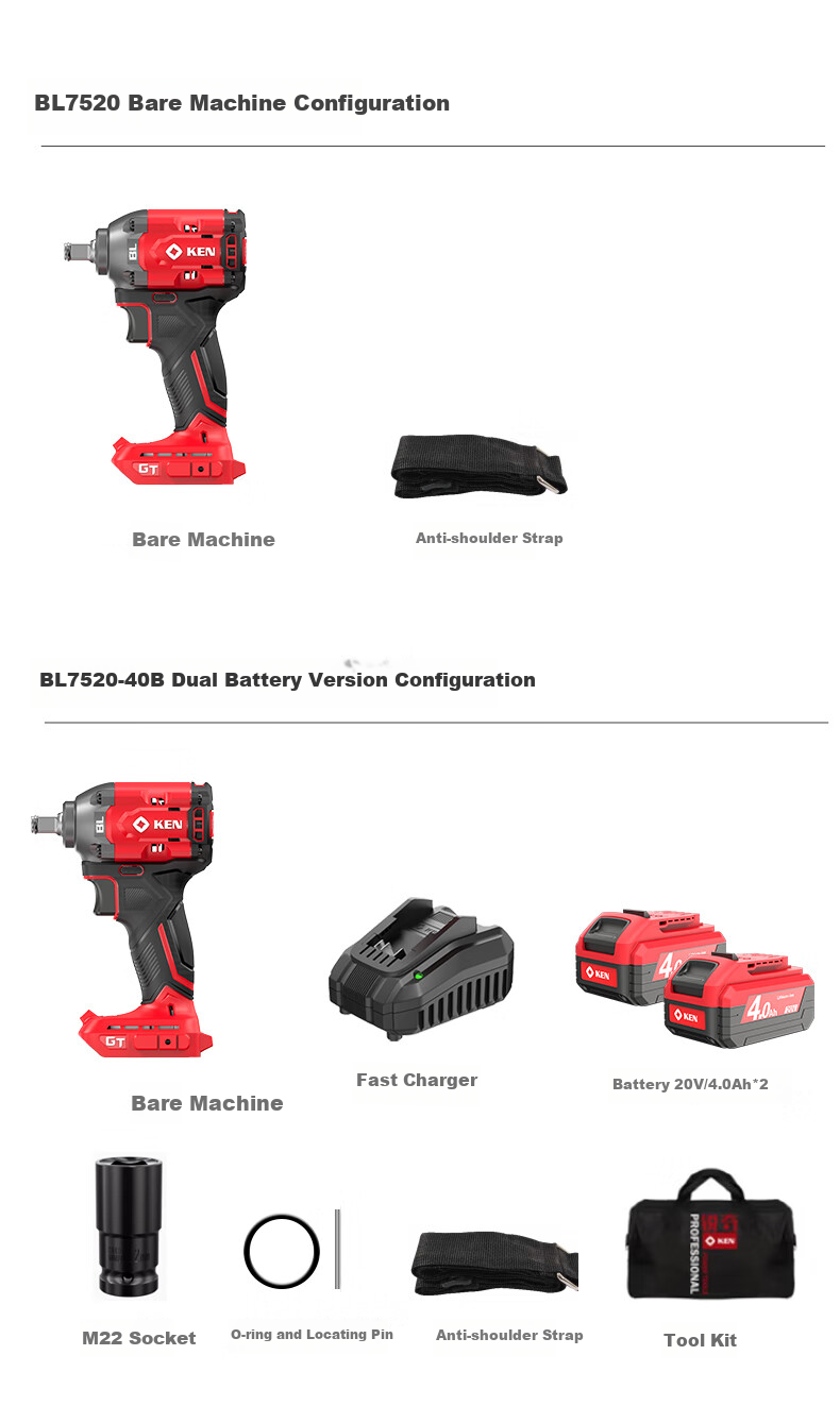KEN Lithium-Ion Impact Wrench, 20V Brushless, 500 Torque, for Scaffolding Workers And Auto Mechanics, Electric Air Gun, 7520 Two Batteries One Charger 16