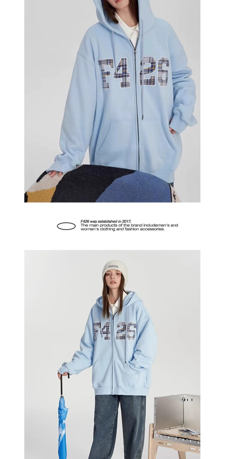 F426 [Zhao Lusi's Style] National Trend Brand Loose Fit Large Logo Plaid Patchwork Embroidered Sweatshirt Jacket, Floral Gray, L 15