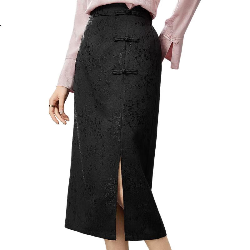 Fan Qin New Chinese-Style Textured Straight Skirt, Early Autumn National Style High-Waist Skirt, Slimming Versatile, 441Q72601, Black, L