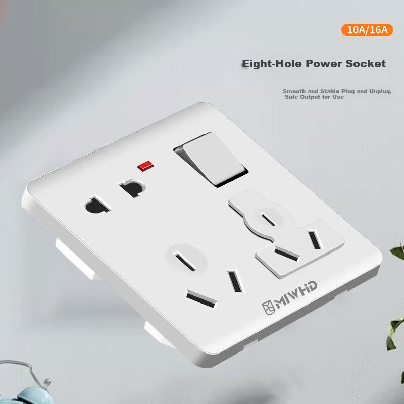 MIWHD Single Switch with Eight Holes And Light, Wall Panel Switch Socket, 86 Type, 10A-16A White Concealed Switch, MLGD-34/1 16 220 2 15