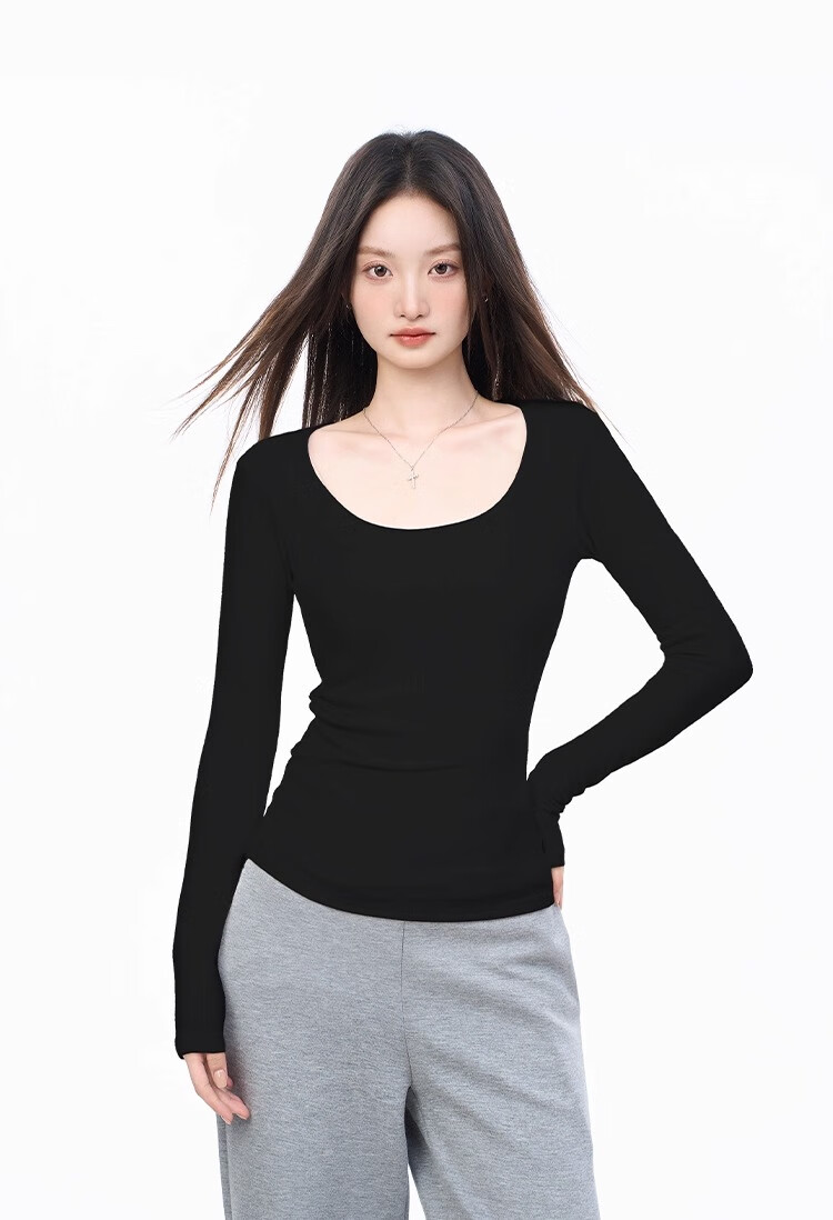 Woodpecker Women's Long Sleeve T-Shirt Pure Cotton Regular Shoulder Base Layer Spring Autumn Slim Fit Crew Neck Basic Comfortable Top Black XL 7