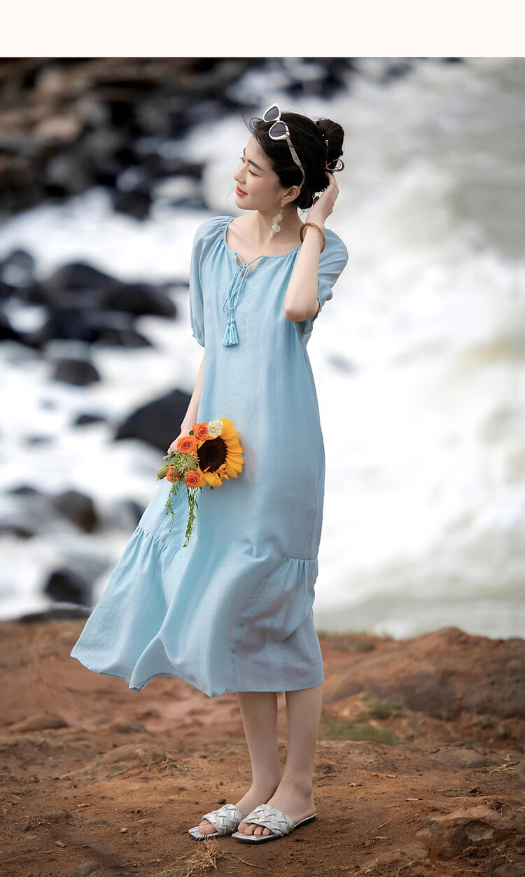 Demana "Light Breeze" Summer Cool Lyocell Embroidered Tassel Tie Split Pleated A-Line Women's Dress 26