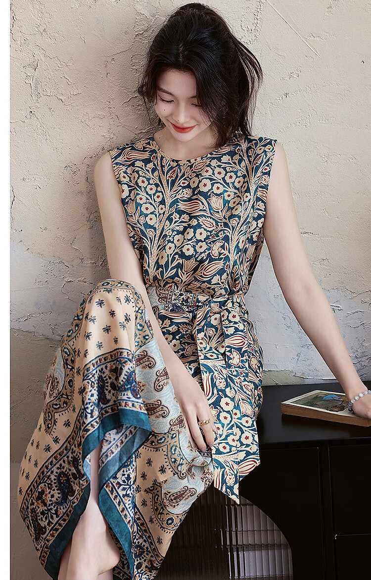 Demana [Silk Story] Summer Luxury 100 Mulberry Silk Beach Dress Round Neck Printed Straight Women's Dress 4