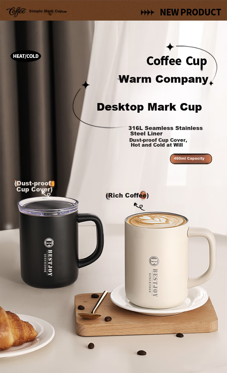 FUGURNG BESTJOY Insulated Mug with Handle, Enamel Inner Liner, Dual-Use Mug, Office Coffee Tea Cup, Water Tumbler, 450ml, White 1