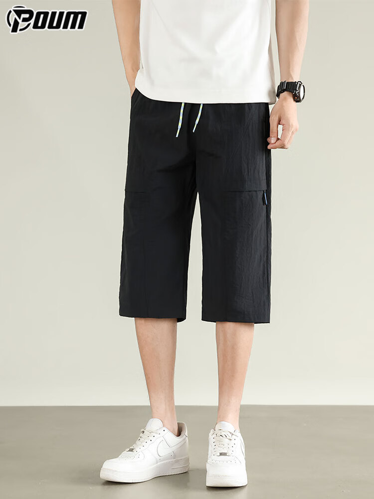 POUM Ice Silk Trendy Brand Three-Quarter Length Pants for Men, Summer Style, Casual American-Style Sports Quick-Dry Shorts, 0003 Coffee Color, 2XL 10