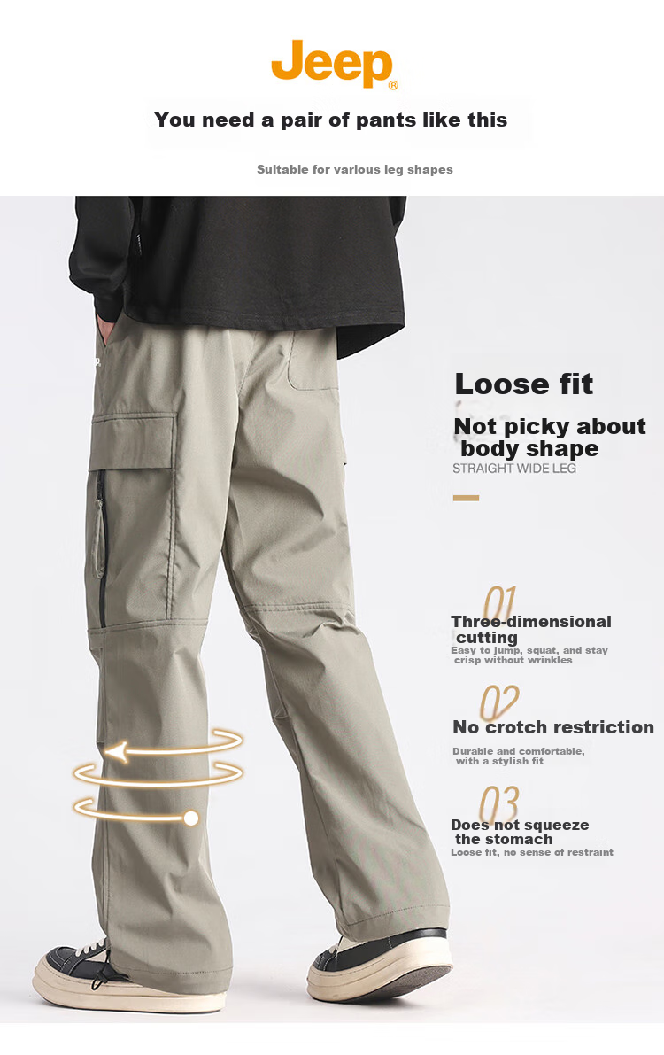 JEEP Casual Pants for Men, Spring And Autumn Loose Straight-Leg Tactical Cargo Trousers, Long Pants, Black, Size L 1