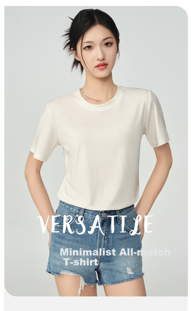 BOPRUIEY [Quality You Can Trust] Lyocell Short-Sleeve T-Shirt for Women, Summer Ice Silk Wrinkle-Resistant Solid Color Slimming Round Neck Top 2