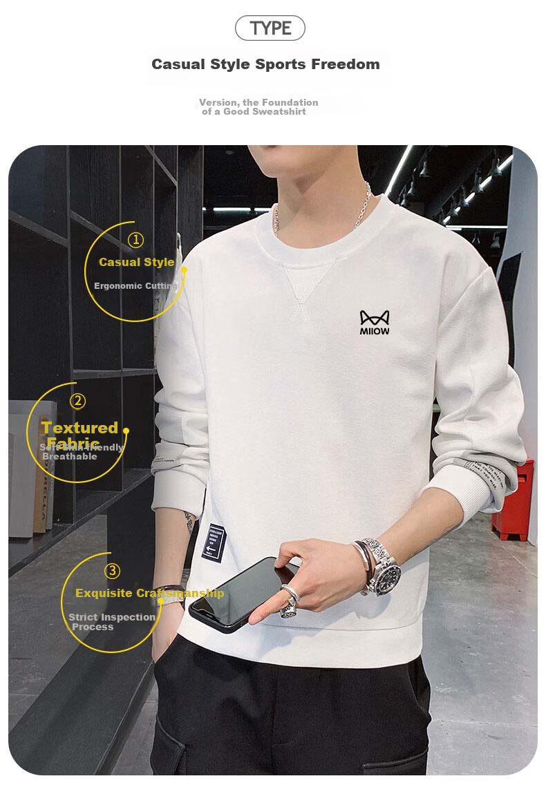 MiiOW Sweatshirt for Men, Spring And Autumn Long-Sleeve T-Shirt, Round Neck Casual Trendy Brand Top, Black, 3XL 5