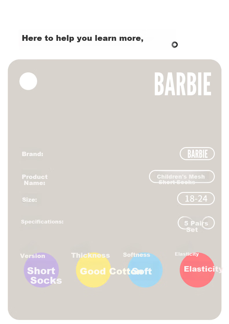 Barbie Boys' Socks, Children's Thin Cotton Socks, Baby Seamless Socks, Mesh Socks, Spring And Autumn Season, for Older Children And Girls, Student Short Socks 6