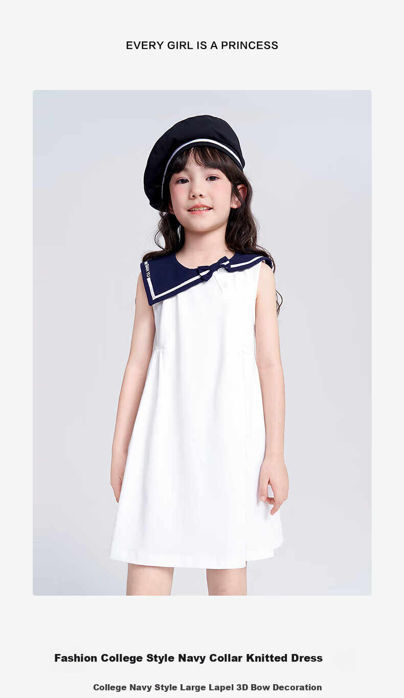 DEESHA Girls' Dress 025 Summer Navy Collar Dress for Older Children, Light Navy Blue, Size 120 2