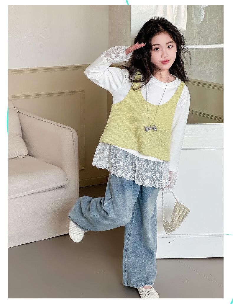 Fulomi Girls' Spring Autumn Korean Style Sweet Lace T-Shirt Knit Vest Denim Pants Three-Piece Set Yellow 150 2