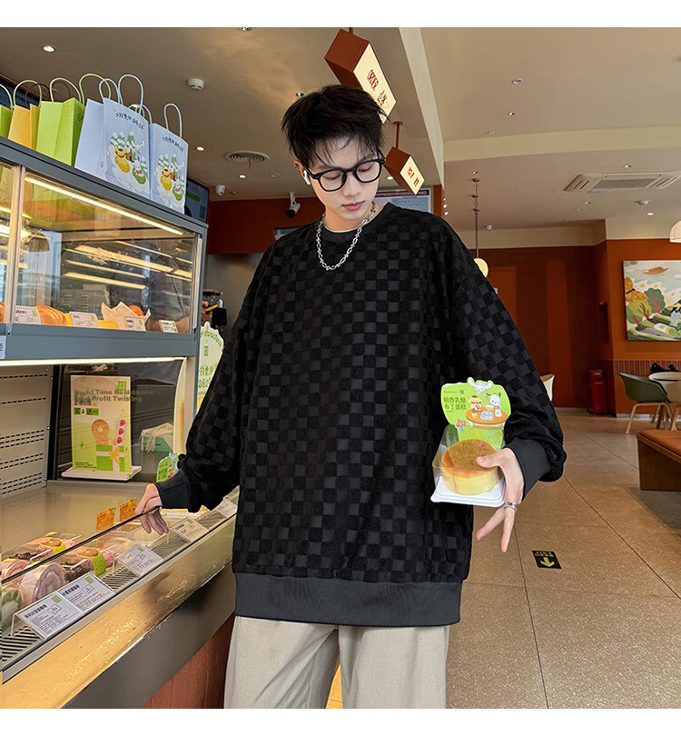 Dingfengbaoluo Japanese-Style Plaid Crew Neck Sweatshirt for Men, Spring Loose-Fitting High-End Casual Base Layer Top DFL77 Black XL 13