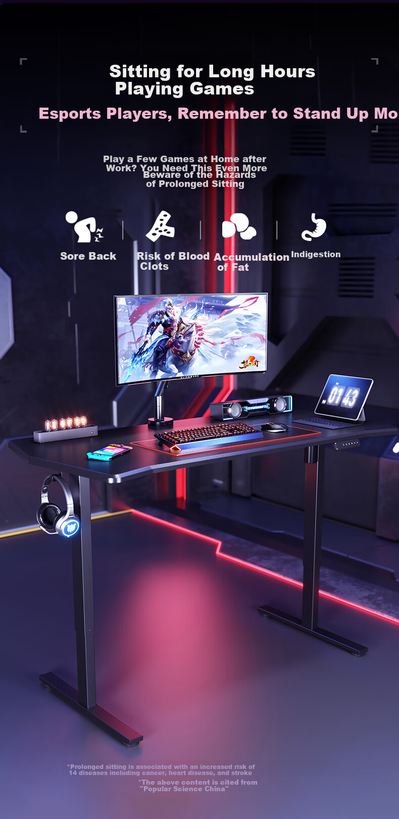 Loctek Black Knight Gaming Desk, Electric Height Adjustable Desk, Computer Office Desk, Carbon Fiber Texture Gaming Board, 1.4M 3