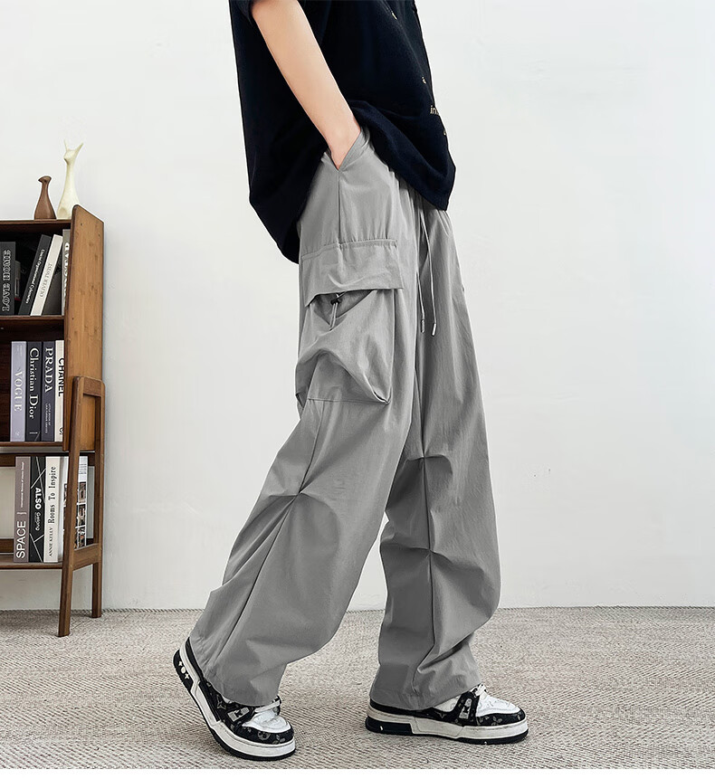 Homlean American-Style Wide-Leg Cargo Pants for Men, Summer Straight Loose Paratrooper Functional Tactical Casual Trousers KMX06 Black L 5