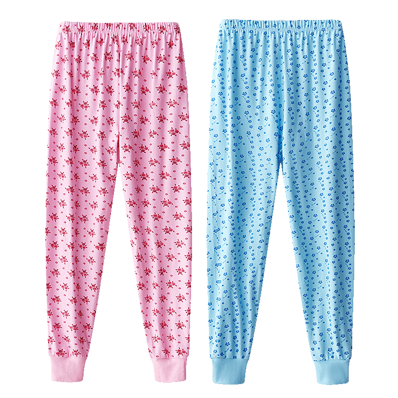 Bejirog 2-Pack Pure Cotton Thermal Pants for Middle-aged and Elderly Women, Plus Size, Vintage Style, Pink Floral + Blue Floral, 3XL