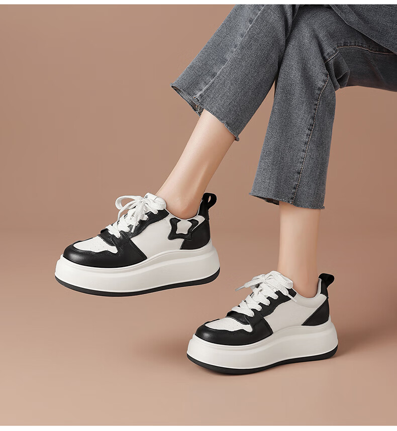 BOERDIQI Top-Grain Leather Versatile White Sneakers for Women, Thick-Soled Height-Increasing Casual Sports Shoes, White And Black, Size 36 23