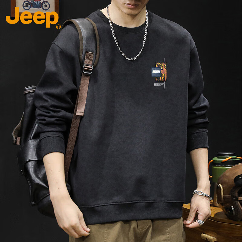 Мужская толстовка JEEP, свободная круглая горловина, длинный рукав, для осени и зимы, плотная повседневная базовая футболка, черная, размер M