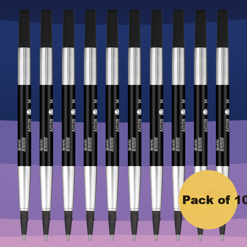 HERO Ballpoint Pen Refill, A0108 Daily Writing Practice Signature Pen Refill, 0.5mm, Black, Pack of 10