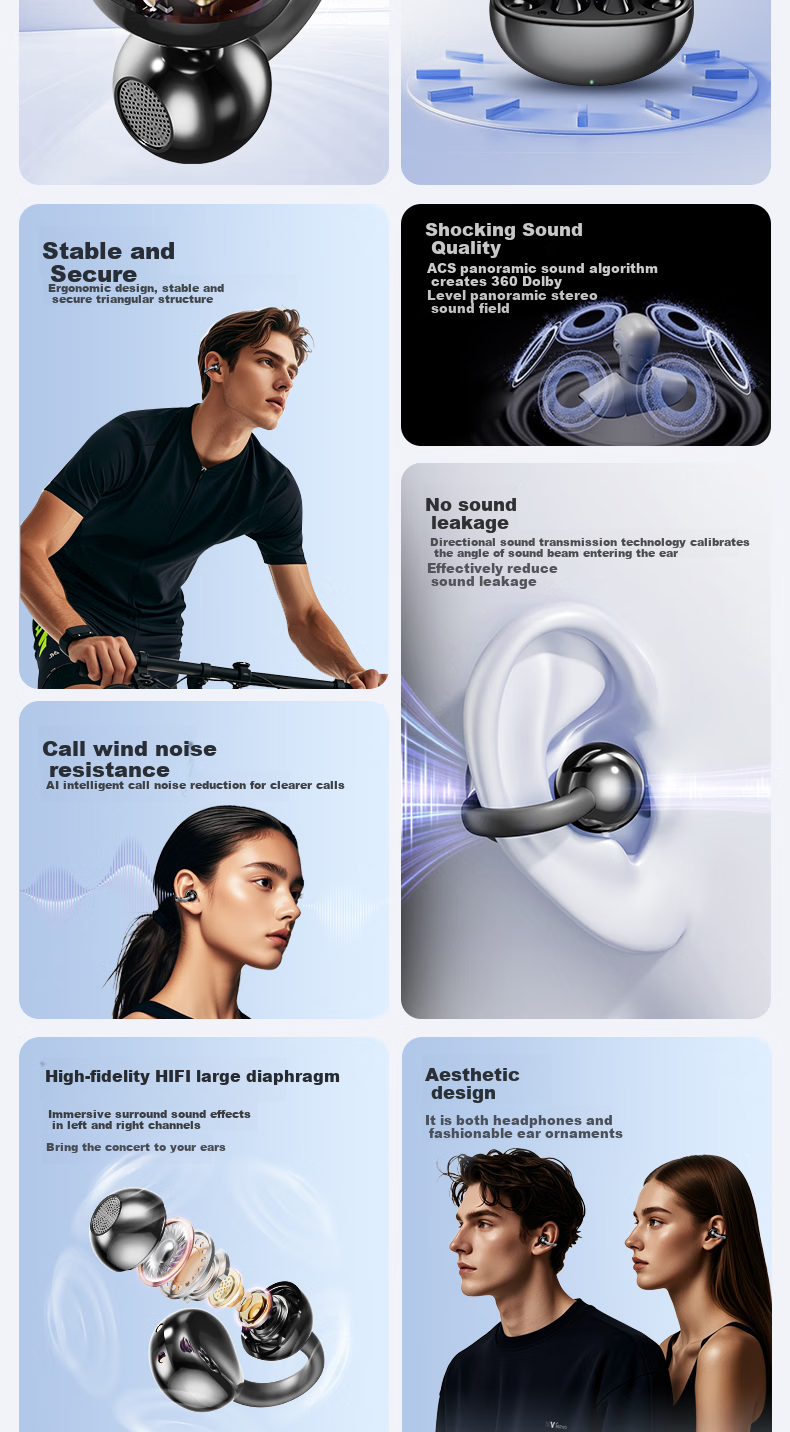 CLAISON Bluetooth Headphones 2025 New Clip-On Wireless Open-Bone Conduction Concept, Running Sports Call Noise Reduction Ear-Hook Suitable for Huawei Xiaomi Apple, M91-Starry Purple 4