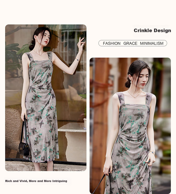 Dme [Xiao Xing Gan Da Ji Skirt] Summer Sleeveless Pleated Mesh Printed Tank Top Skirt, Waist-Cinching A-Line Dress 5
