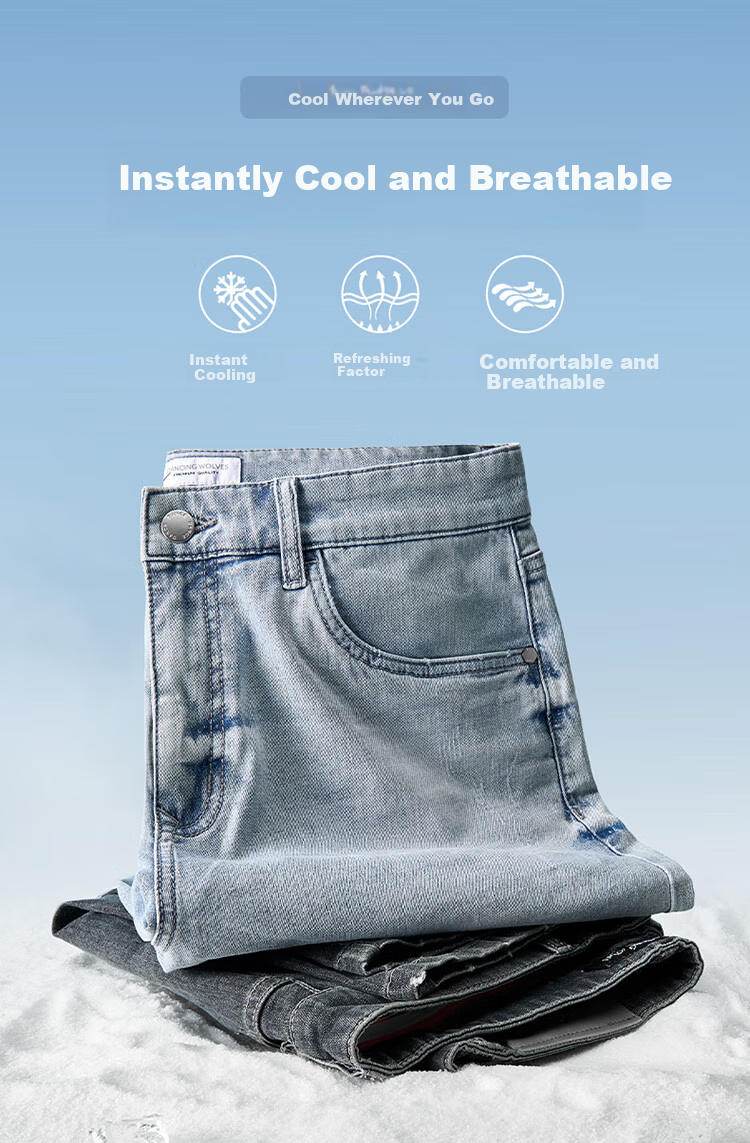 DANCING WOLVES [Bingyang Bar] Summer Fashion Cat Whisker Washed Cool Breathable Men's Denim Shorts, 113 Light Blue, Size 34 2
