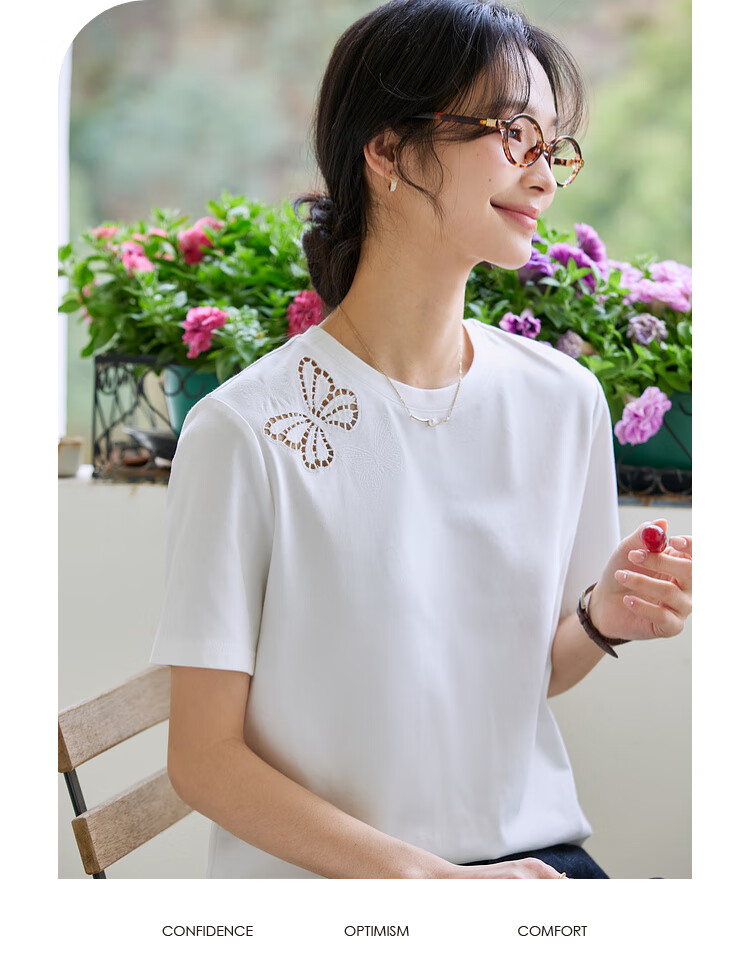 Vimly Butterfly Hollow Embroidery Cotton Short Sleeve T-Shirt Women Summer New Loose Fit Casual Round Neck Top Cloud White L 22