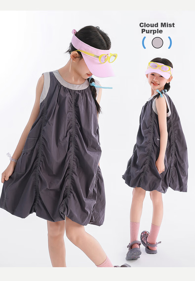 BANDOCIN Girls' Summer Pleated Dress, Lightweight And Breathable, for Older Children, 2026 New Style, Cloud Purple, Size 130 12