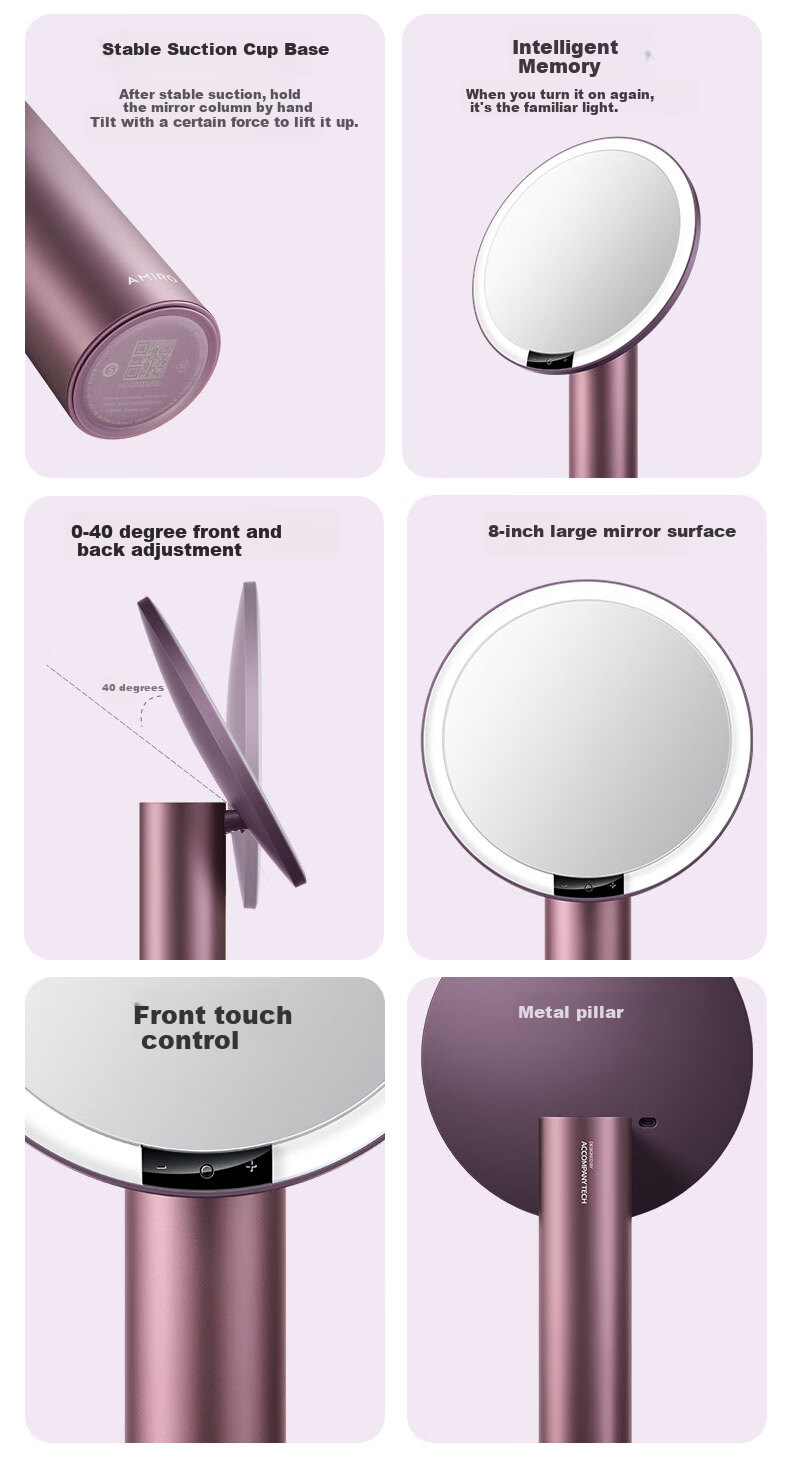 AMIRO LED Smart Makeup Mirror with Light, Desktop Vanity Mirror, High-Definition Fill Light Mirror, Birthday Gift for Women, Luxury, O2 Smoky Purple 14