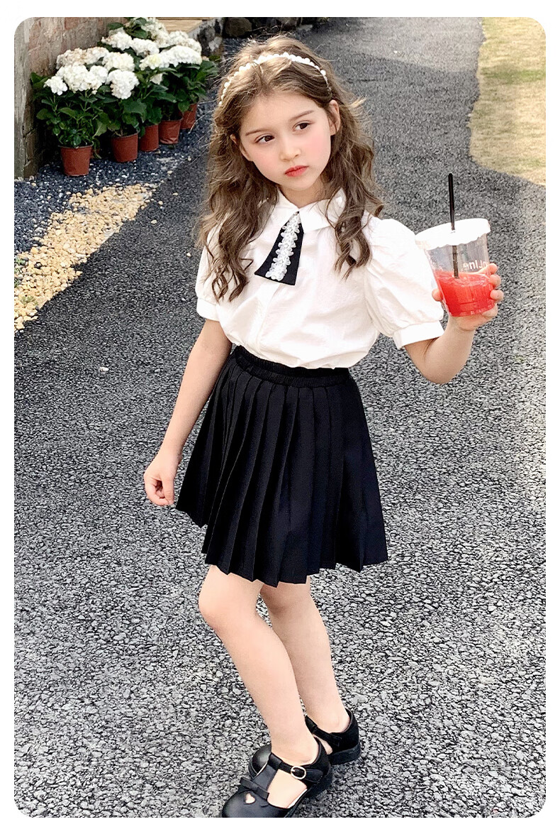 Follow Me Girls' Summer Set: Preppy Style Shirt Top And Pleated Skirt Two-Piece Set White/black 140 9