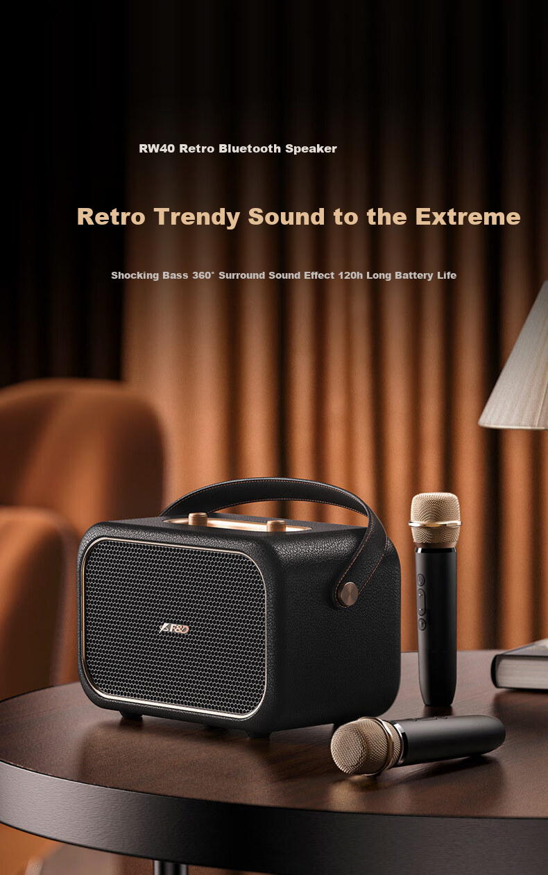 F&D RW40 Retro Karaoke Speaker, Dual Wireless Microphones, 360° Surround Sound, 20-Hour Long Battery Life, Portable Bluetooth Speaker for Outdoor And Home Use 1