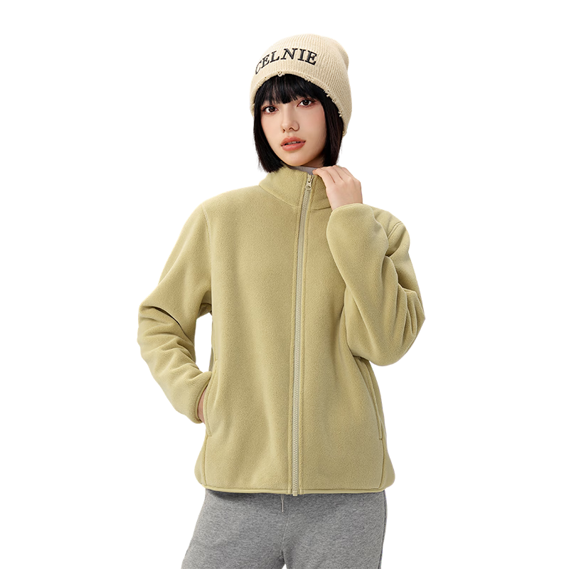 Snow Flying Women's Fleece-Lined Casual Fashion Windproof Stand Collar Polar Fleece Jacket Natural Green Fleece-Lined L