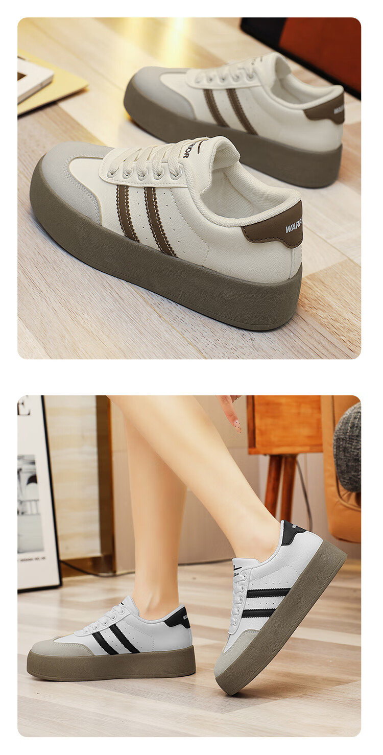 Warrior Women's Thick Sole Retro Leather Casual Sneakers Black White Size 37 13