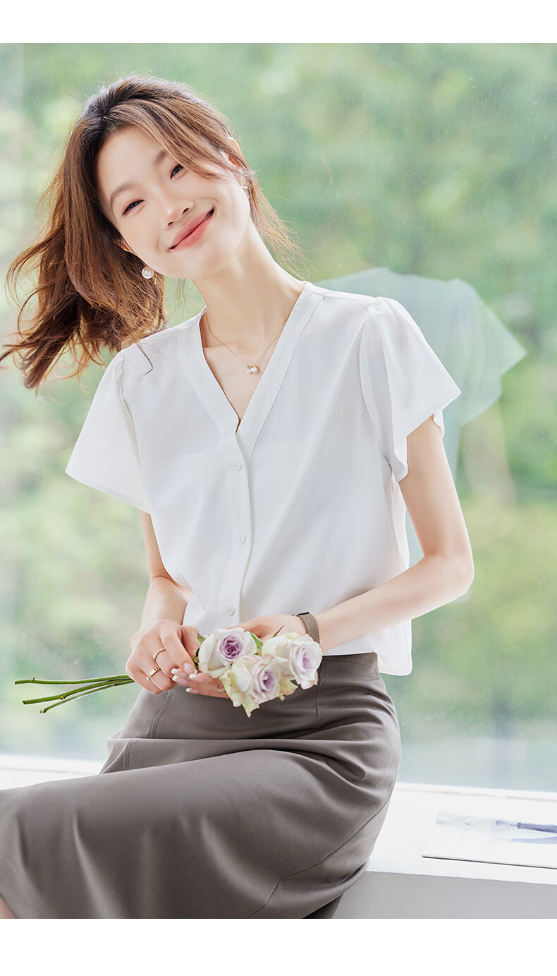 Jeanswest Women's Shirt 2026 Summer Short Sleeve Elegant Versatile Fashion V-Neck Solid Color Top Blue L 7