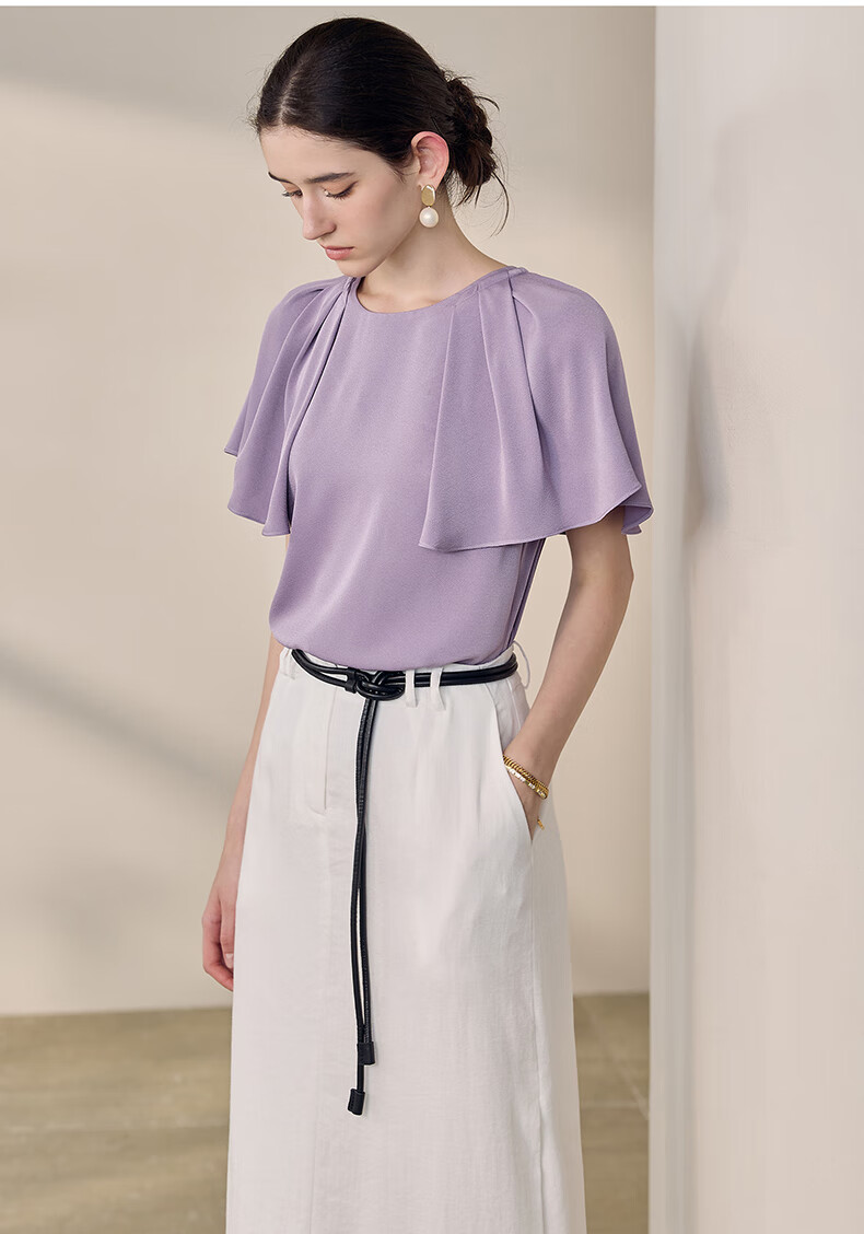 ROEYSHOUSE Women's Intellectual Commuter Cape Sleeve Shirt Summer Elegant Versatile Short Sleeve Top 10888 Purple M 6
