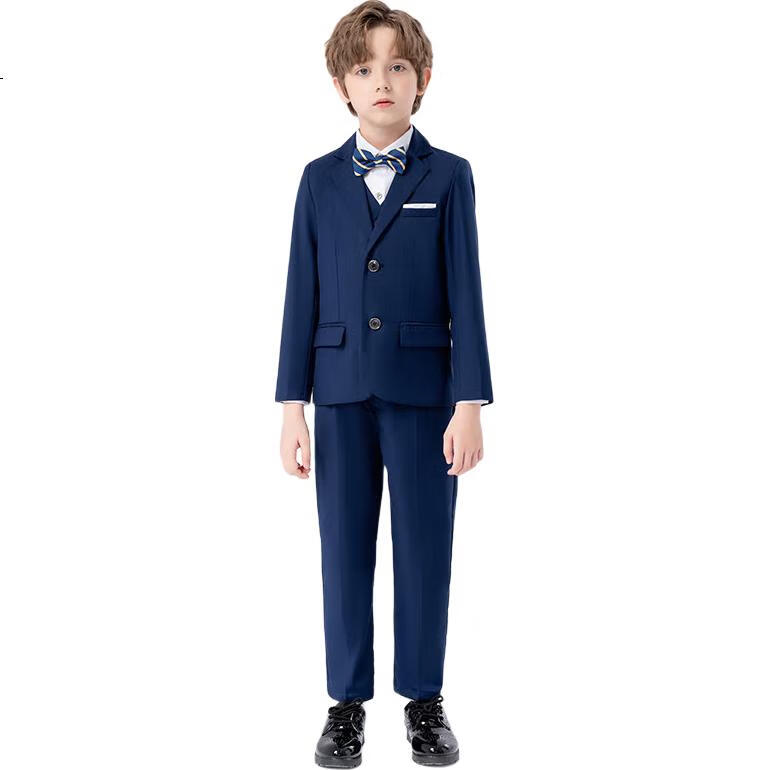 LUOBOBEIBEI Boys' Solid Color Suit, Flower Boy's New Year Outfit, Formal Wear Set, Navy Blue Five-Piece Set, Size 150