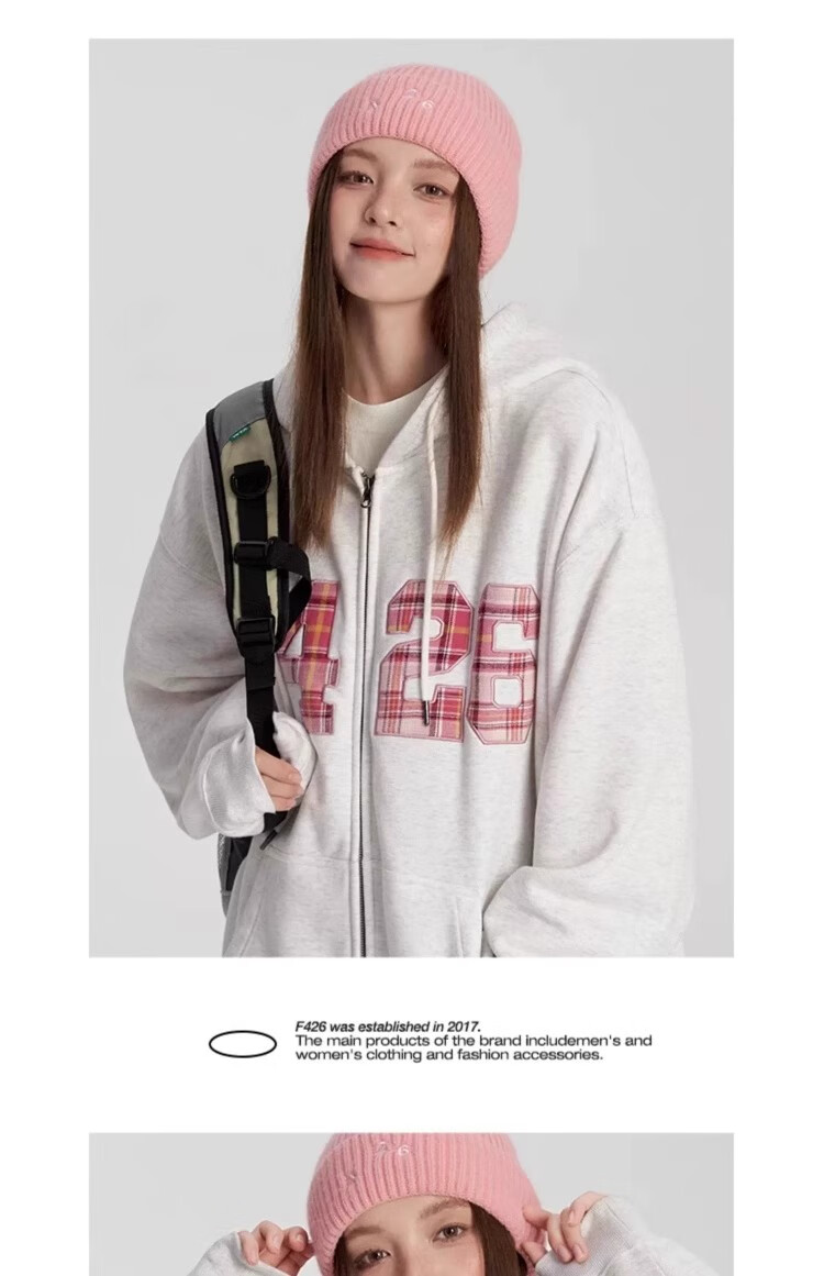 F426 [Zhao Lusi's Style] National Trend Brand Loose Fit Large Logo Plaid Patchwork Embroidered Sweatshirt Jacket, Floral Gray, L 10
