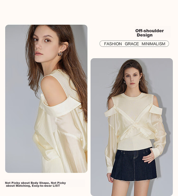 Dme [Sweet Cool C Position] Spring French Off-Shoulder Round Neck Design-Inspired Patchwork Sweater, Elegant Twisted Knit Top for Wome 5