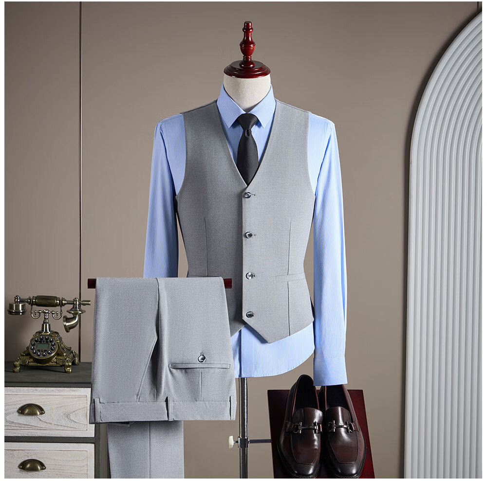 ROMON Men's Business Suit Set Blazer + Vest + Trousers Dark Blue M 17