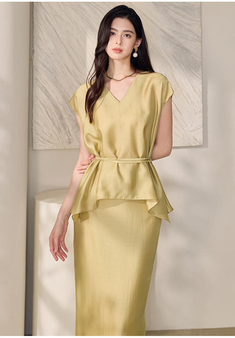 ROEYSHOUSE Women's Summer Casual Slim V-Neck Tie Two-Piece Set Top and Skirt 12233 Yellow M 13