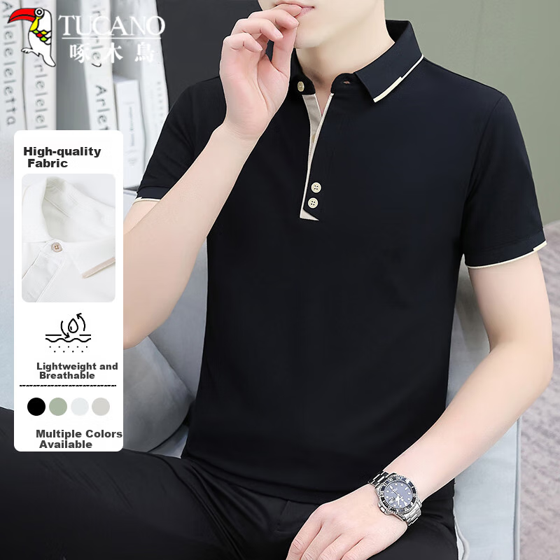 TUCANO Short-Sleeve T-Shirt for Men, Summer Cool-Feeling Collared Versatile Polo Undershirt, Business Casual Top Menswear, Black L